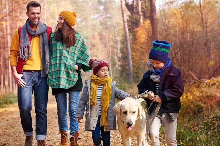Een gezin is buiten aan het wandelen om een herfstdip te voorkomen
