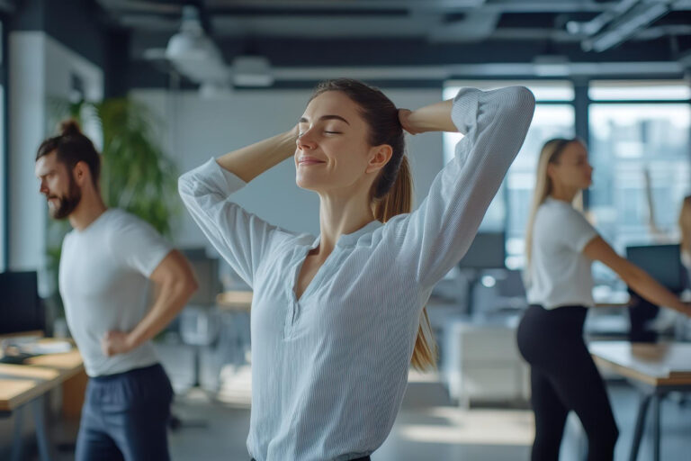 Een vrouw doet oefeningen op werk om nek- en schouderklachten te voorkomen.